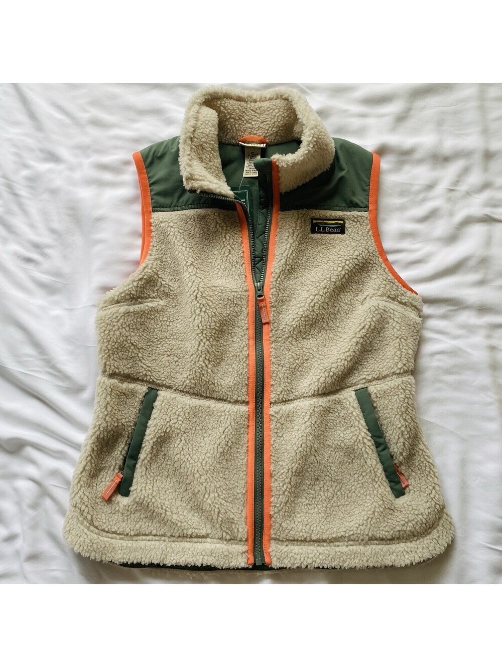 LL Bean Mountain Pile Fleece Vest Women Small Cream Orange